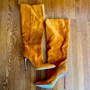 PARIS TEXAS COGNAC BROWN SUEDE HEELED BOOTS